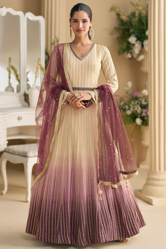 Beige Gold Embroidered Anarkali Suit with Wine Dupatta