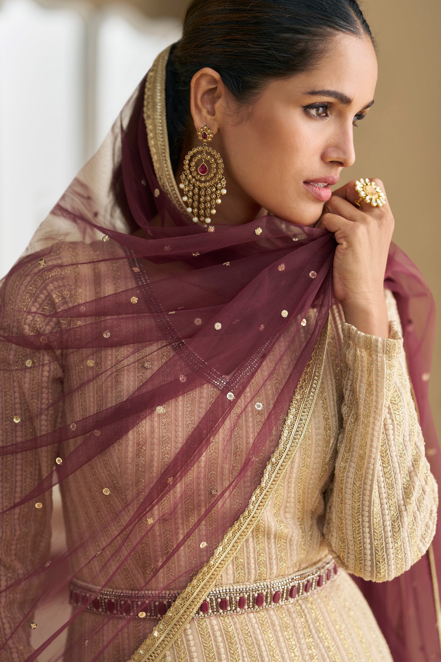 Beige Gold Embroidered Anarkali Suit with Wine Dupatta