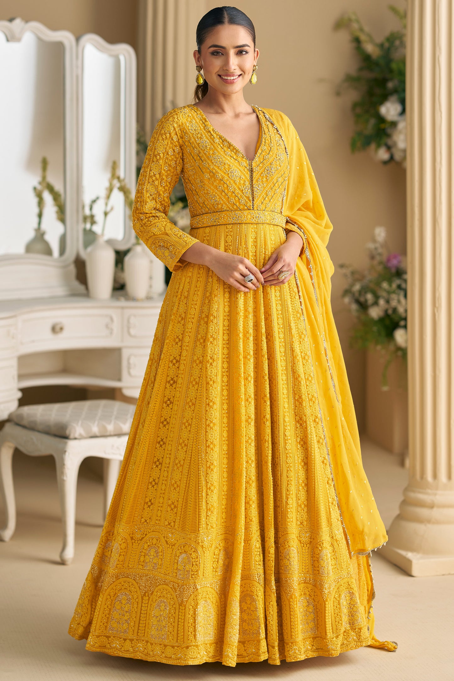 Mustard Yellow Heavy Embroidered Anarkali Suit with Dupatta