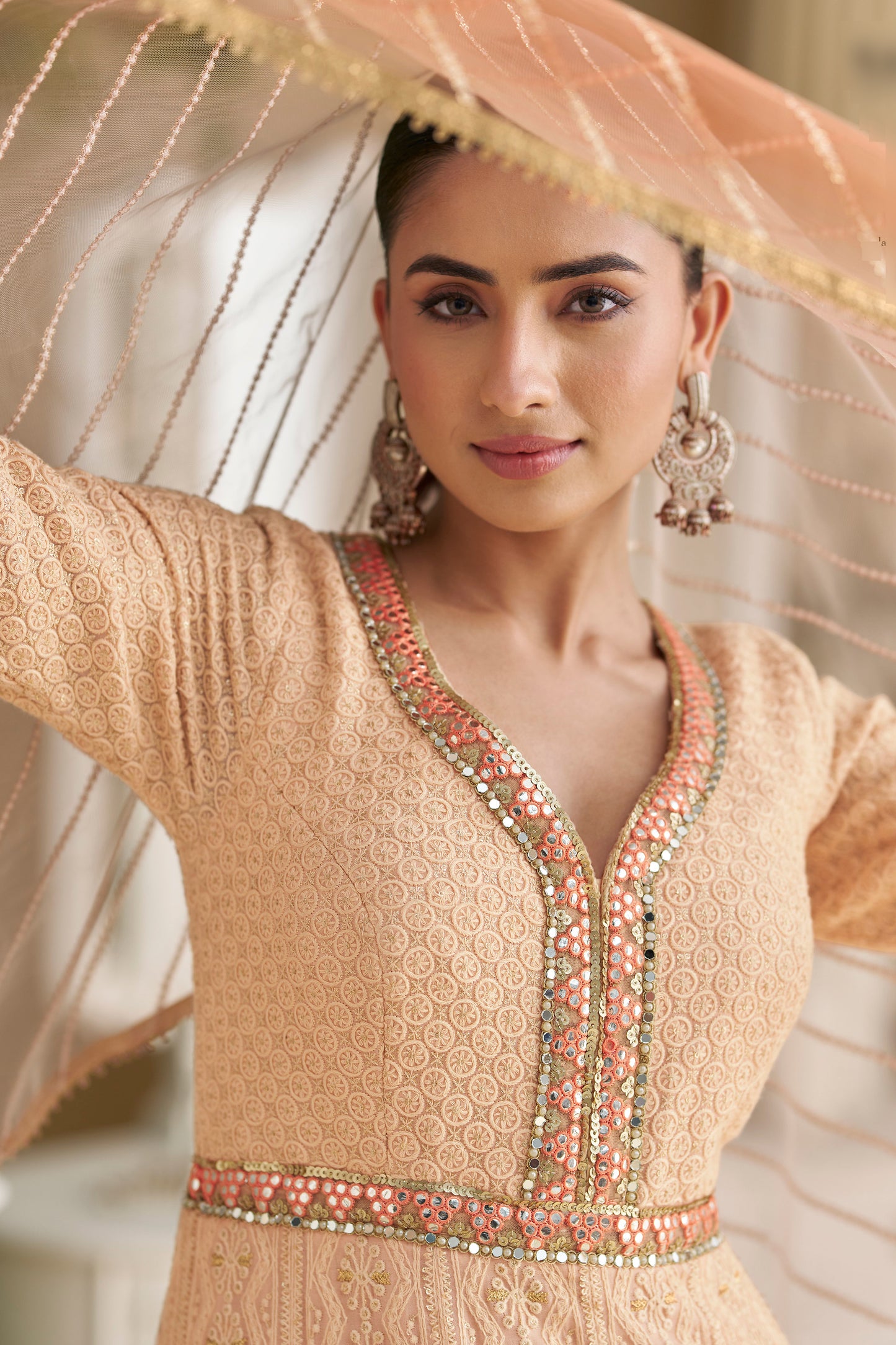 Cream Peach Embroidered Anarkali Suit