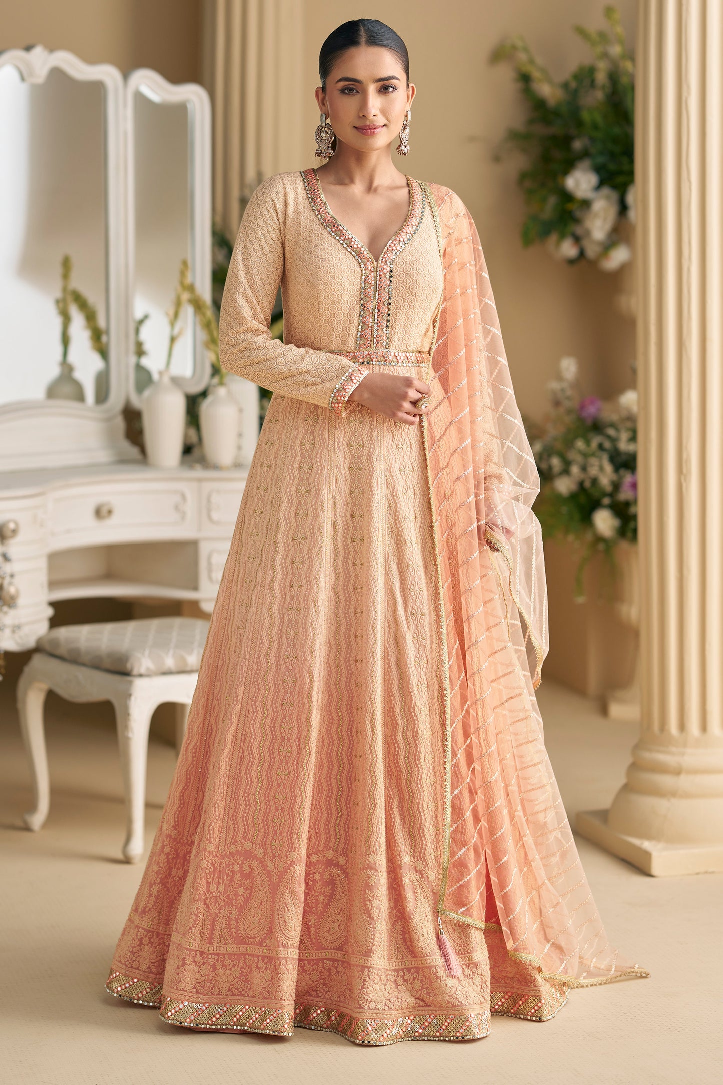 Cream Peach Embroidered Anarkali Suit