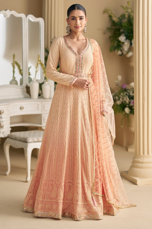 Cream Peach Embroidered Anarkali Suit