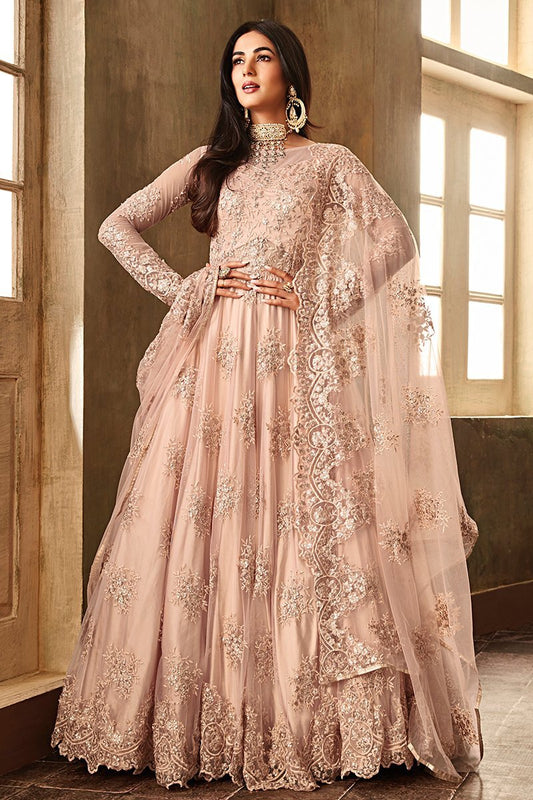 Peach Heavy Embroidered Net Party Wear Anarkali Suit