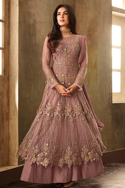 Rose Pink Gold Embellished Net party Wear Anarkali Suit