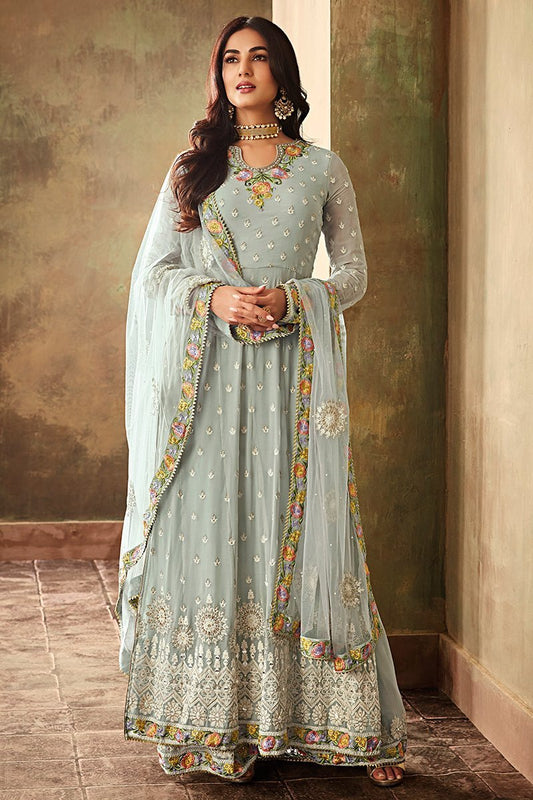 Chic Blue Multicoloured Embroidered Party Wear Palazzo Suit