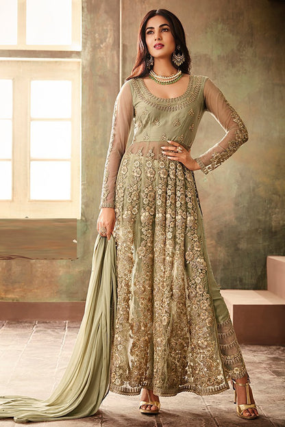 Light Green Net Embroidered Party Wear Suit
