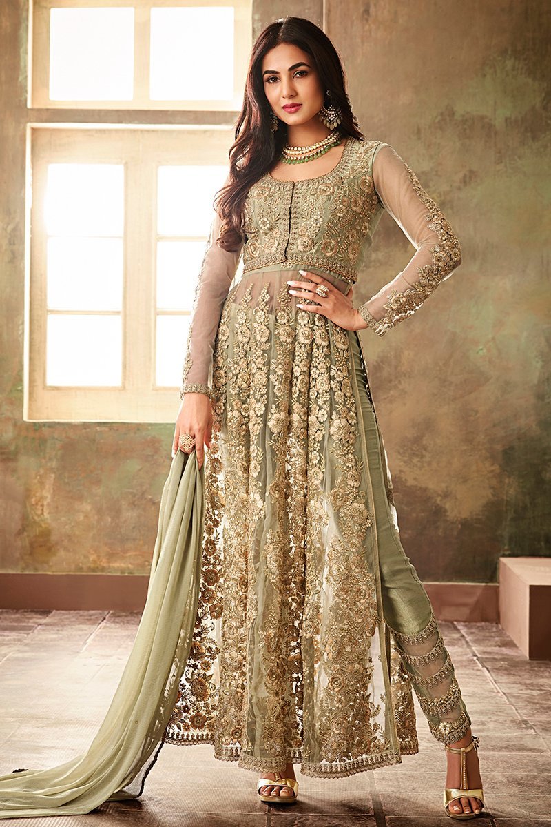Light Green Net Embroidered Party Wear Suit