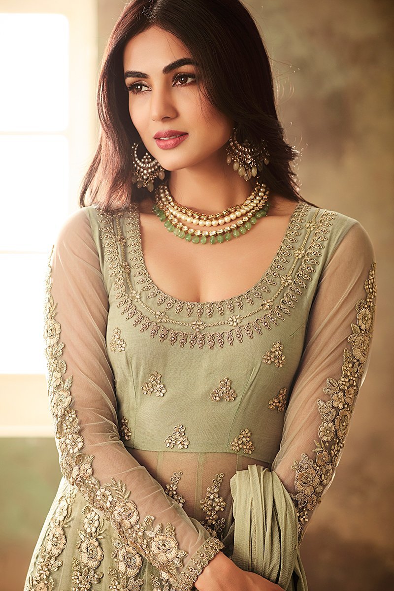 Light Green Net Embroidered Party Wear Suit