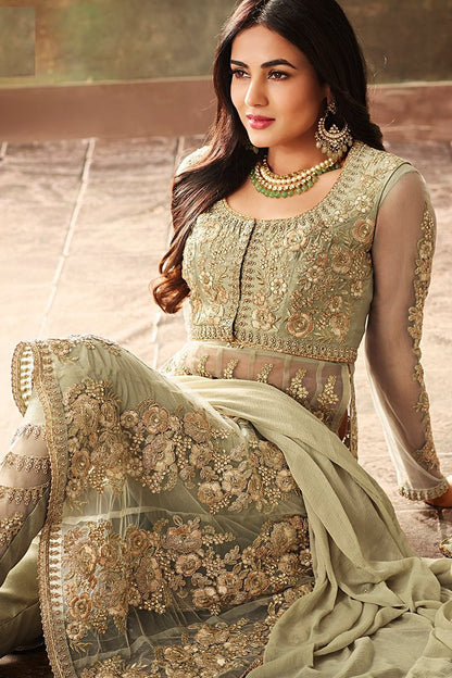 Light Green Net Embroidered Party Wear Suit