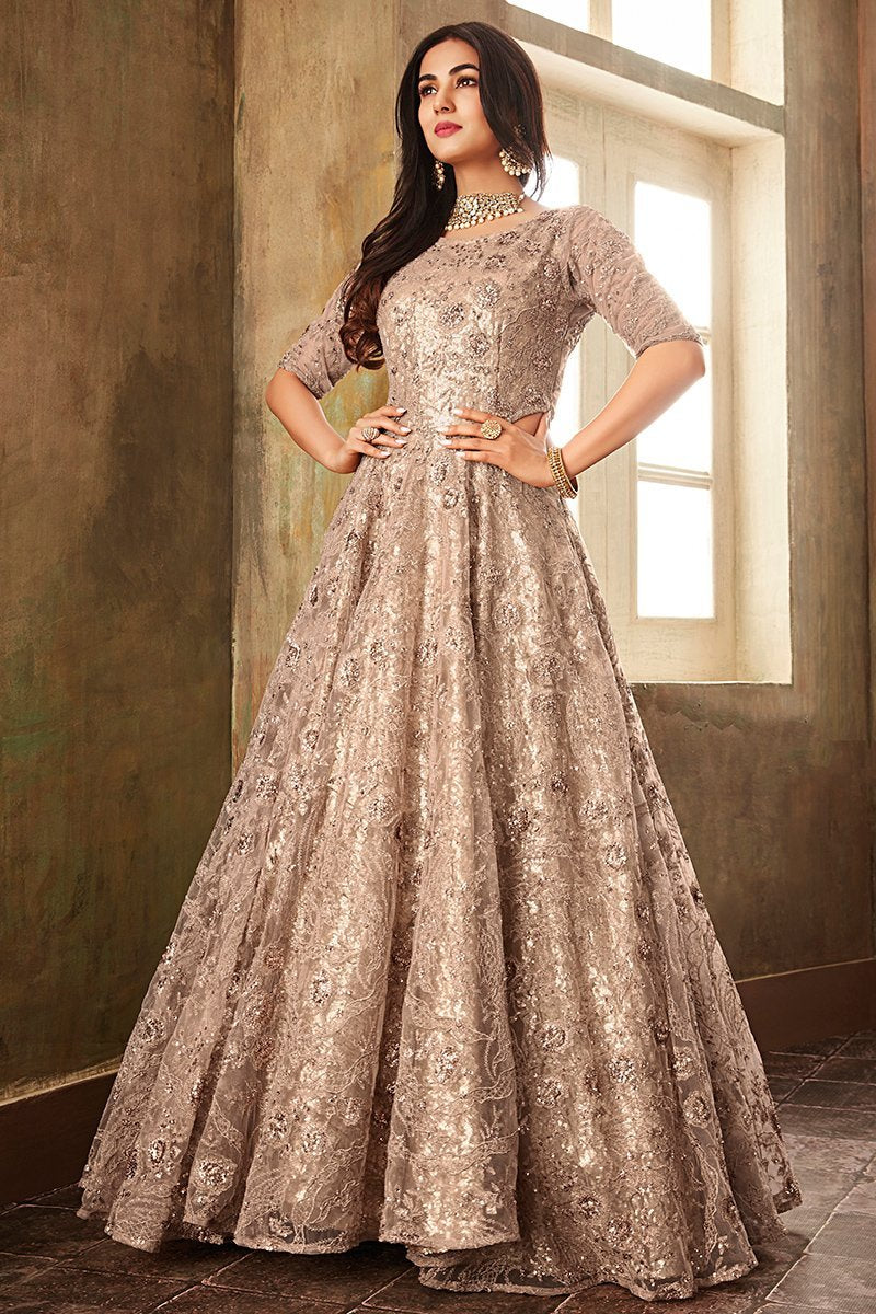 Beige Sequence Embellished Flared Party Wear Anarkali Suit
