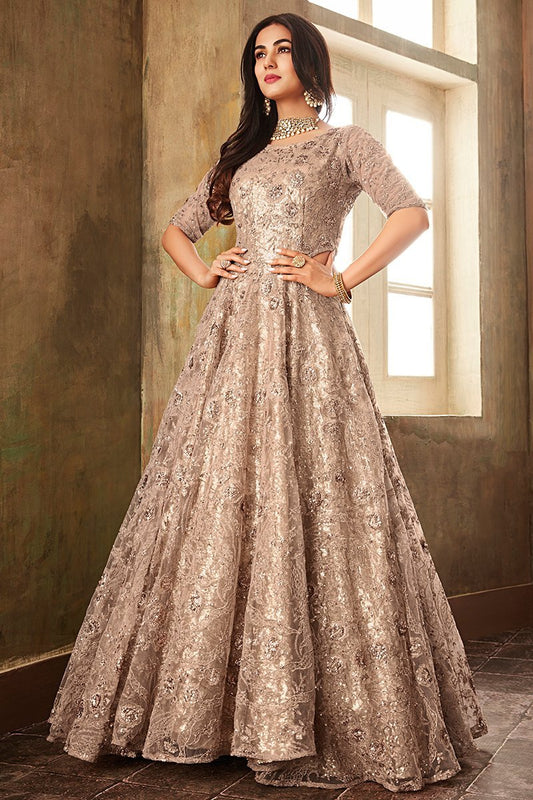 Beige Sequence Embellished Flared Party Wear Anarkali Suit