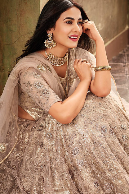 Beige Sequence Embellished Flared Party Wear Anarkali Suit