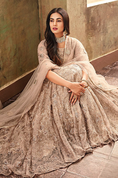 Beige Sequence Embellished Flared Party Wear Anarkali Suit
