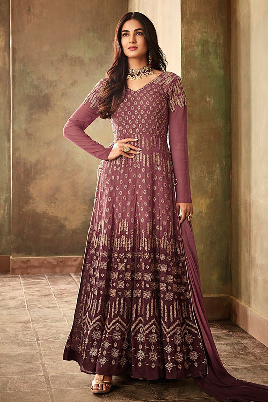 Purple Wine Embroidered And Shaded Party Wear Anarkali Suit