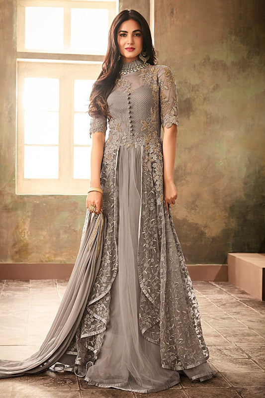 Grey Net Embroidered Party Wear Anarkali Suit