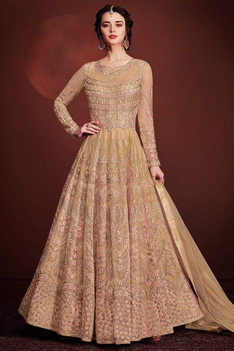 Beige Golden Embroidered Party Wear Anarkali Suit