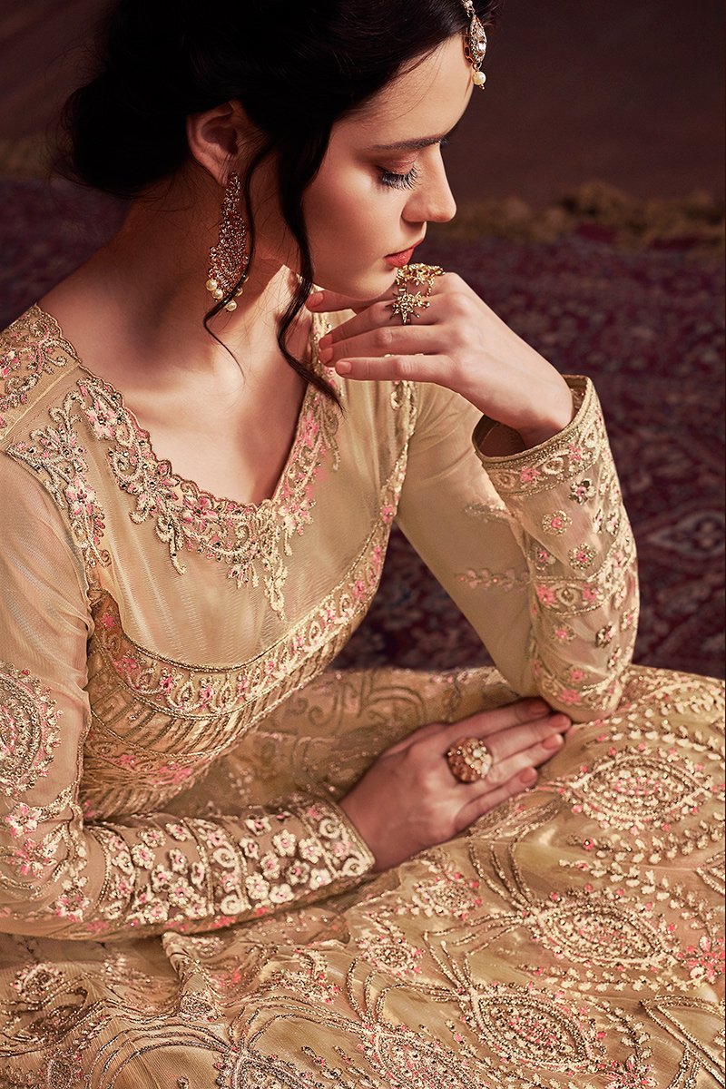 Beige Golden Embroidered Party Wear Anarkali Suit