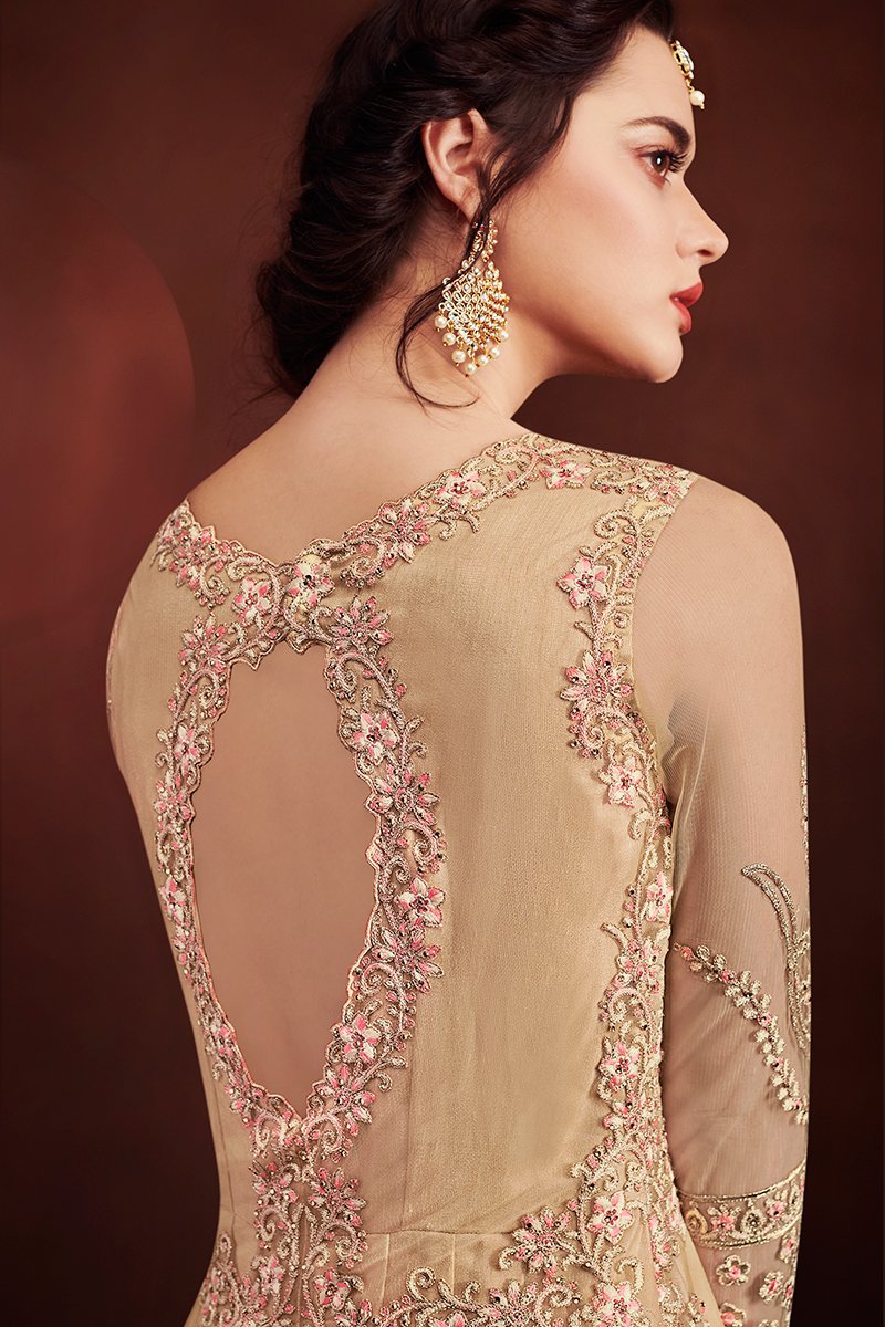 Beige Golden Embroidered Party Wear Anarkali Suit