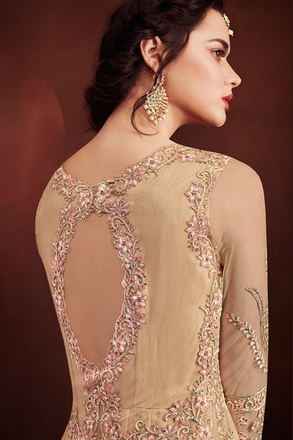 Beige Golden Embroidered Party Wear Anarkali Suit