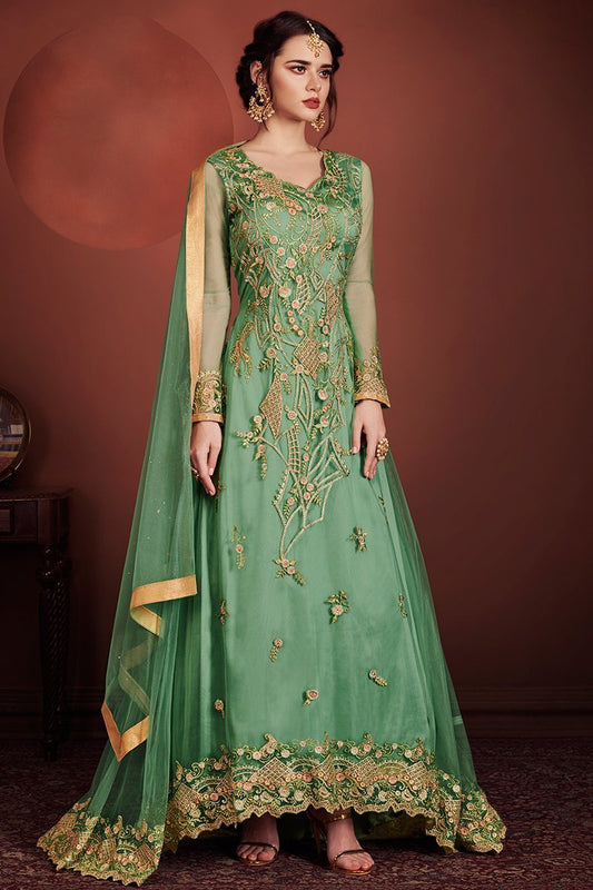 Seafoam Green Embroidered Party Wear Anarkali Suit