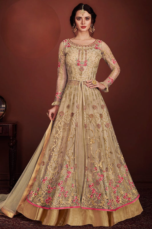 Beige and Golden Embroidered Anarkali Lehenga Style Suit