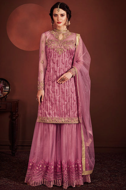 Light Purple Embroidered Flared Palazzo Style Suit