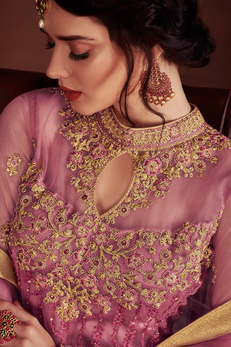 Light Purple Embroidered Flared Palazzo Style Suit