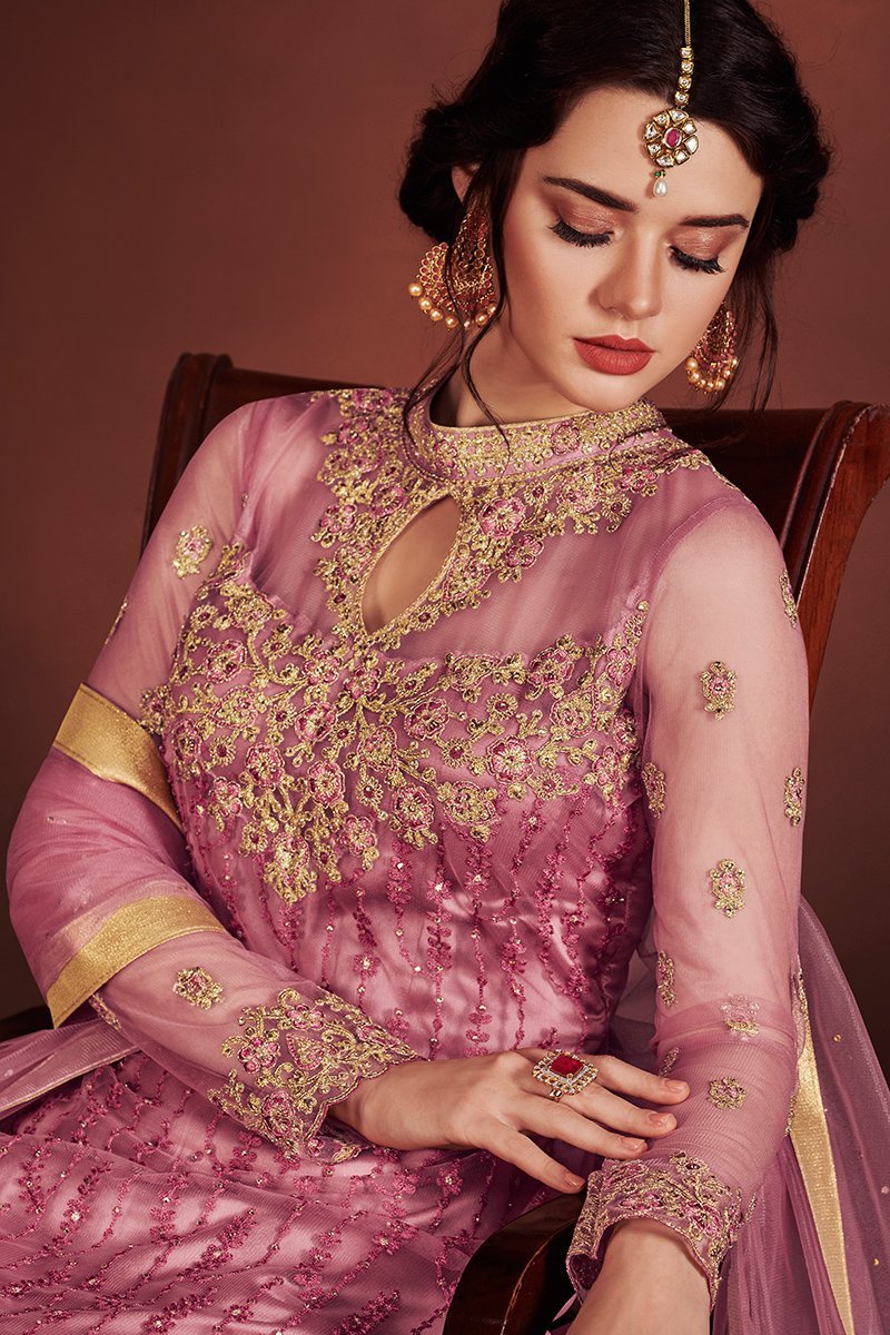 Light Purple Embroidered Flared Palazzo Style Suit