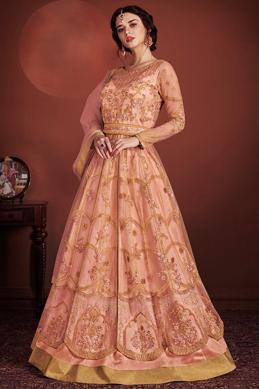 Peach Golden Fully Embroidered Anarkali Lehenga Style Suit