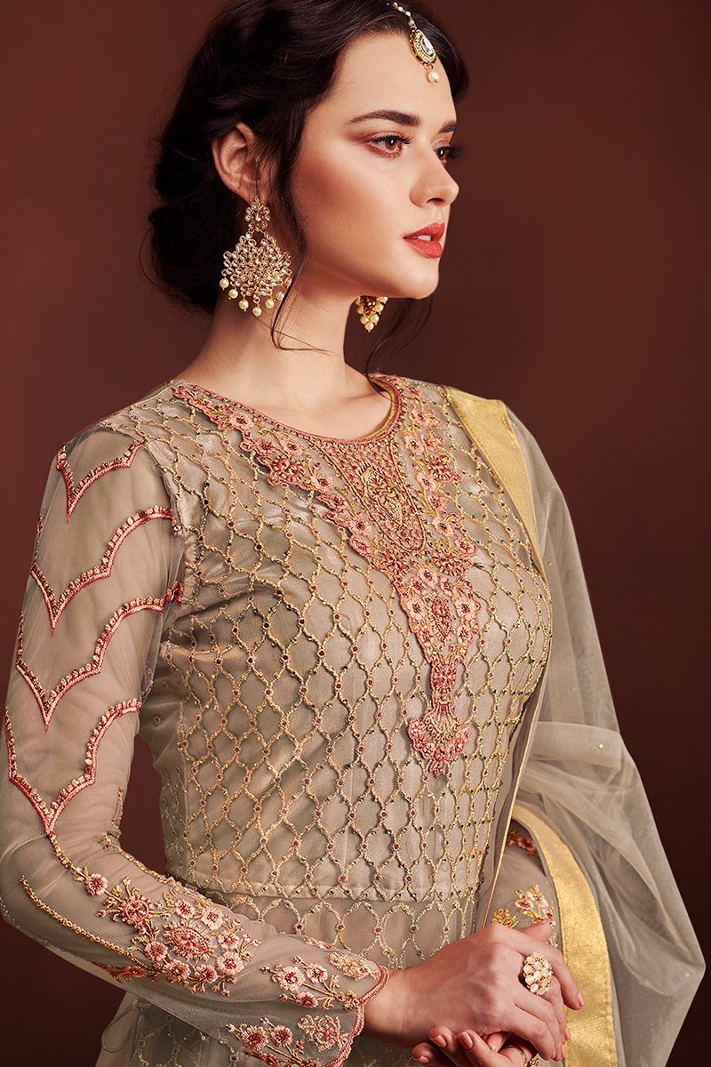 Golden Embroidered Anarkali Lehenga Style Suit
