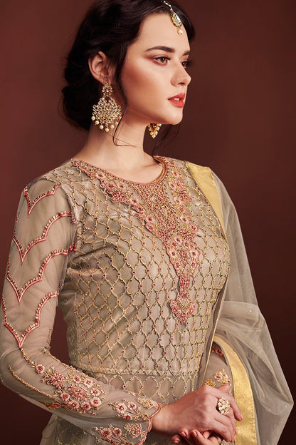 Golden Embroidered Anarkali Lehenga Style Suit