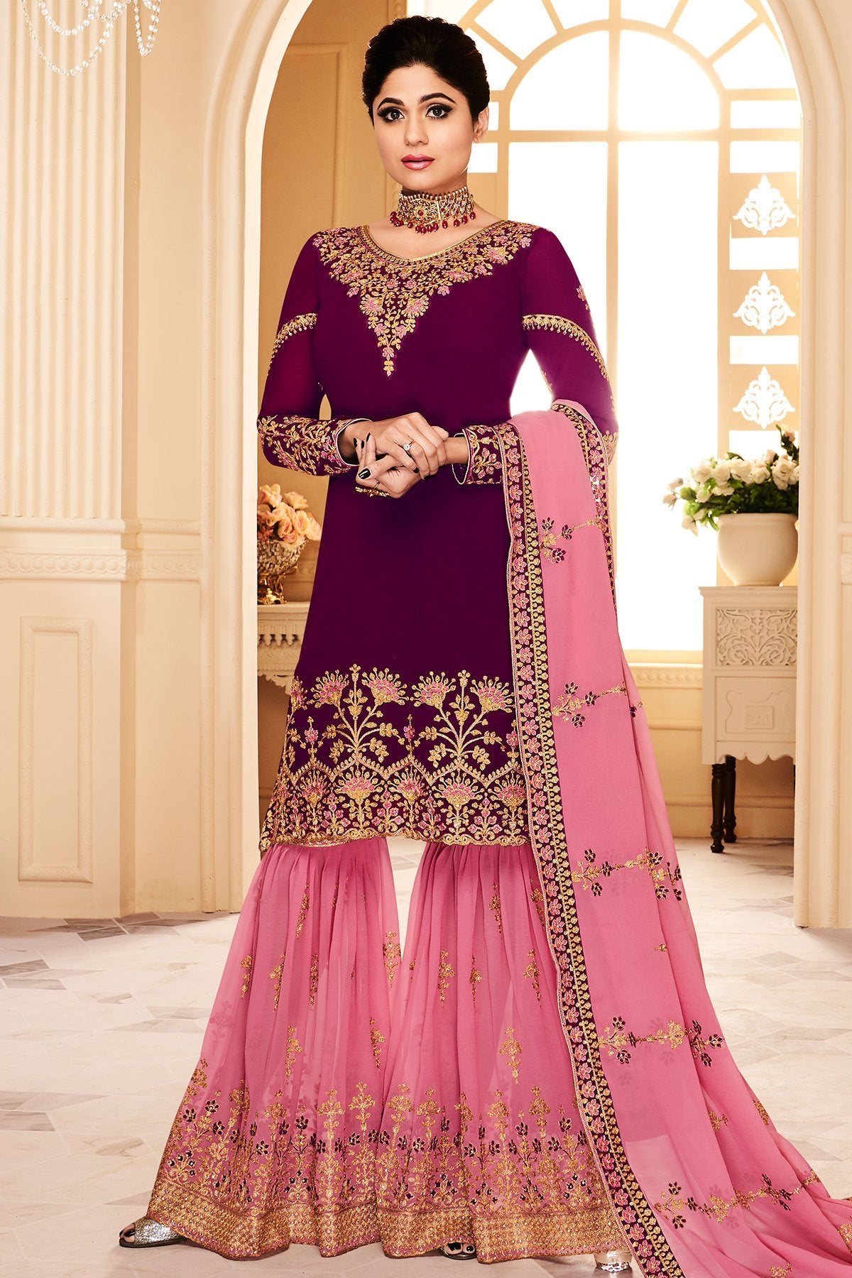 Magenta and Pink Georgette Party Wear Sharara Suit