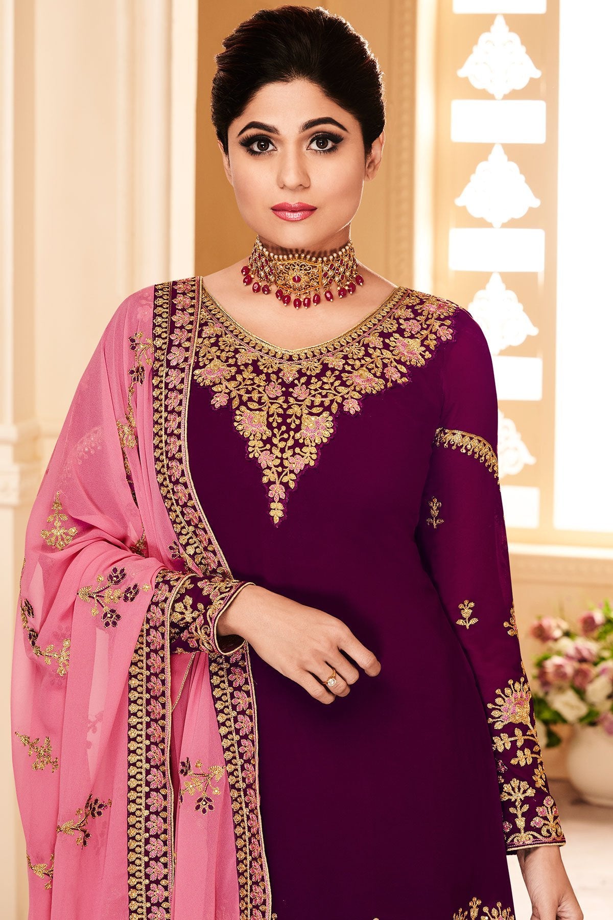 Magenta and Pink Georgette Party Wear Sharara Suit