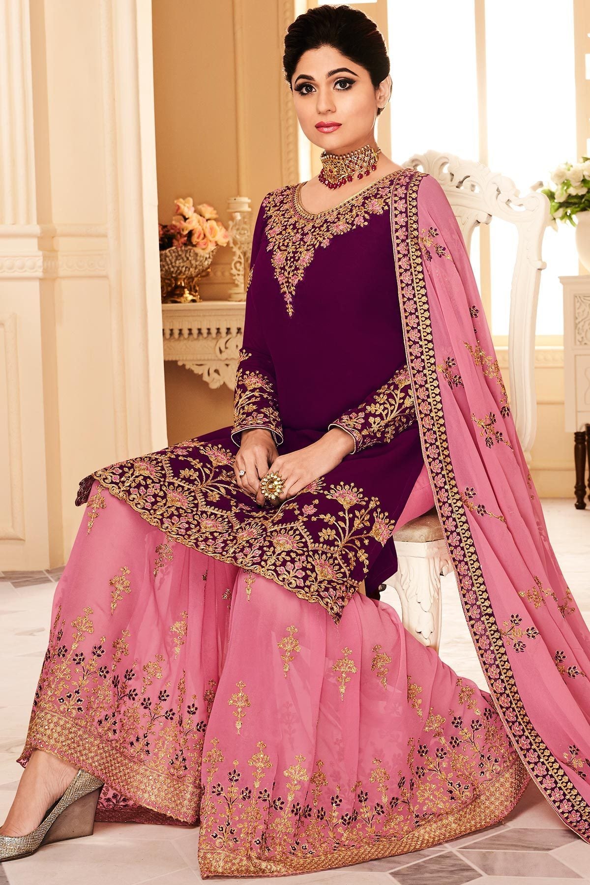 Magenta and Pink Georgette Party Wear Sharara Suit