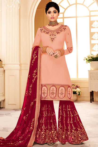 Peach and Berry Red Georgette Party Wear Sharara Suit