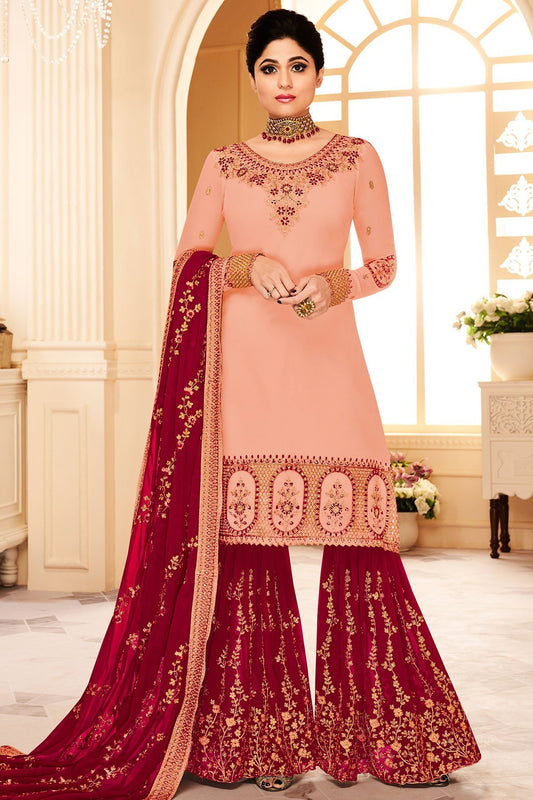 Peach and Berry Red Georgette Party Wear Sharara Suit