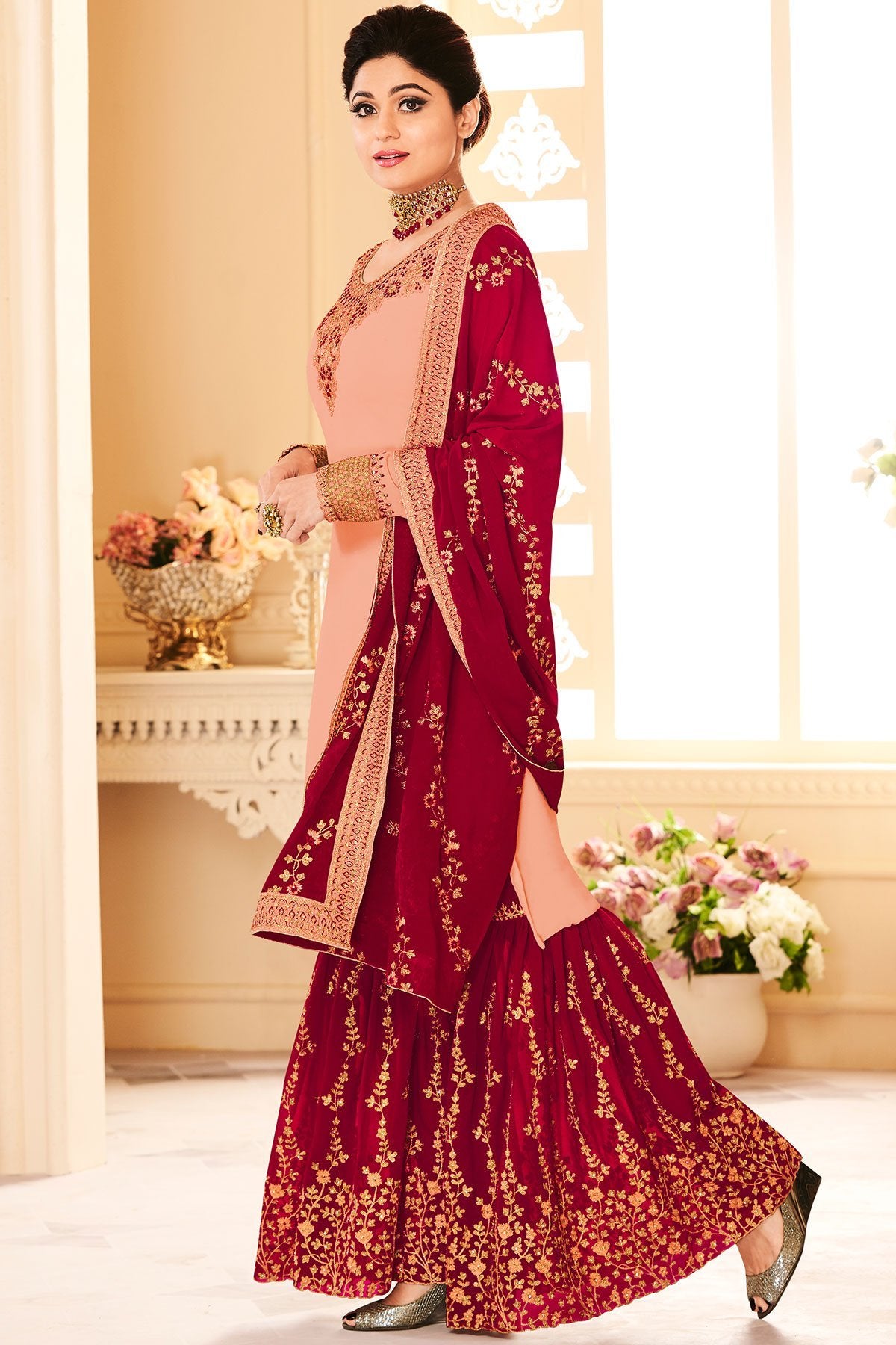 Peach and Berry Red Georgette Party Wear Sharara Suit