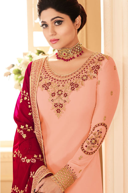 Peach and Berry Red Georgette Party Wear Sharara Suit