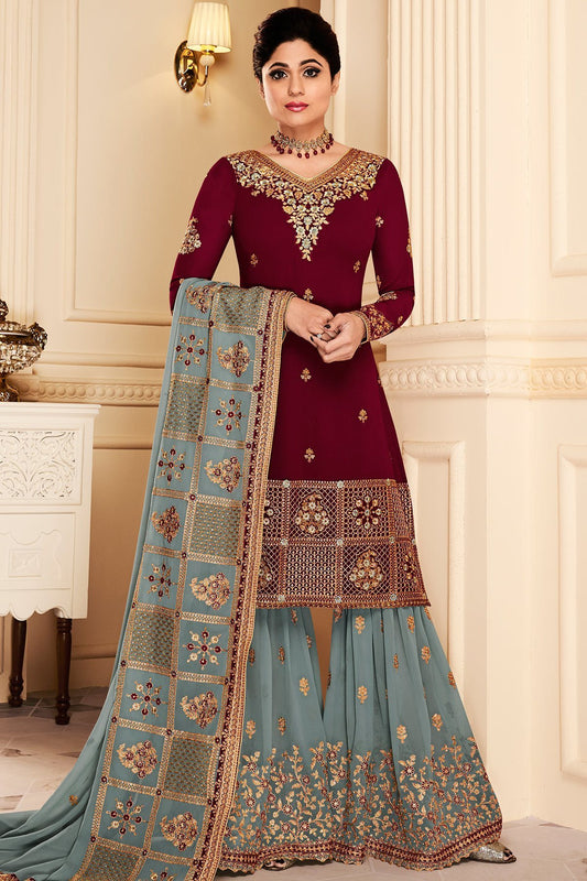 Wine and Grey Red Georgette Party Wear Sharara Suit