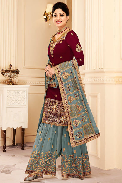 Wine and Grey Red Georgette Party Wear Sharara Suit