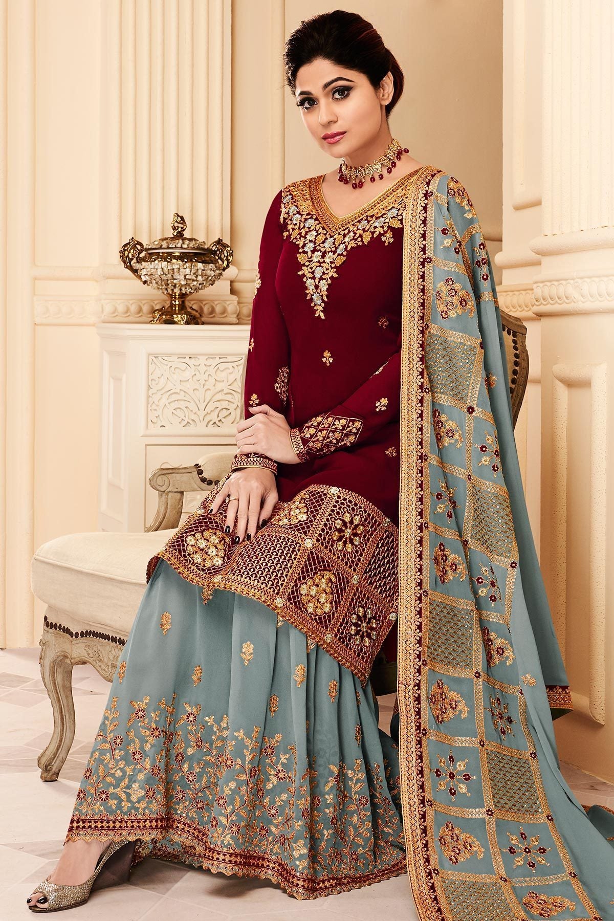 Wine and Grey Red Georgette Party Wear Sharara Suit