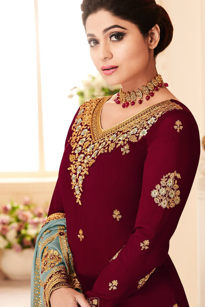 Wine and Grey Red Georgette Party Wear Sharara Suit