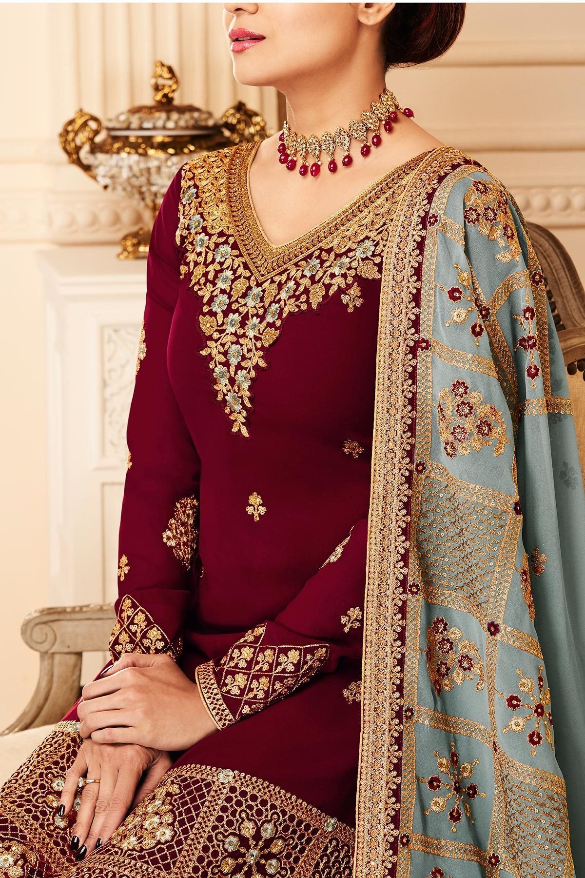 Wine and Grey Red Georgette Party Wear Sharara Suit