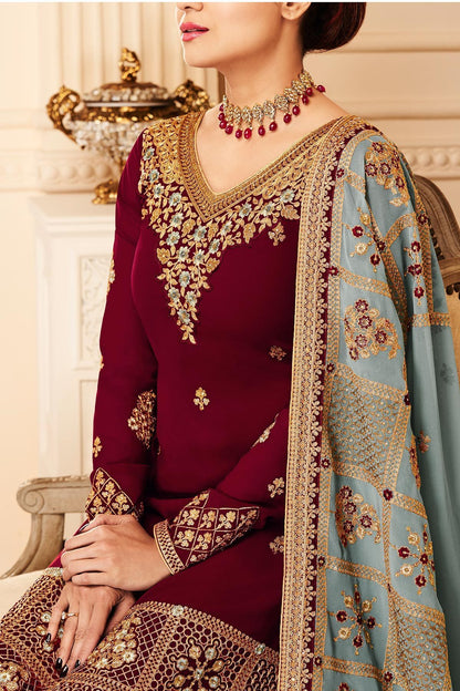 Wine and Grey Red Georgette Party Wear Sharara Suit