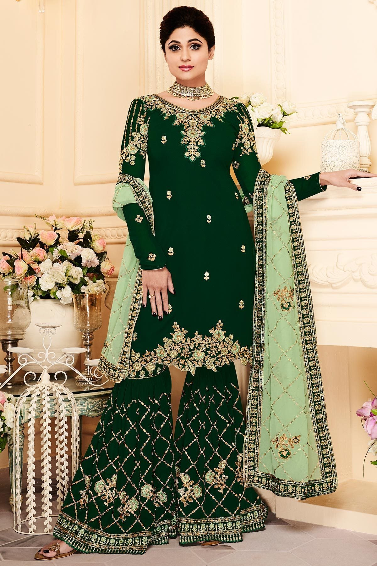 Pine Green and Mint Green Georgette Sharara Suit