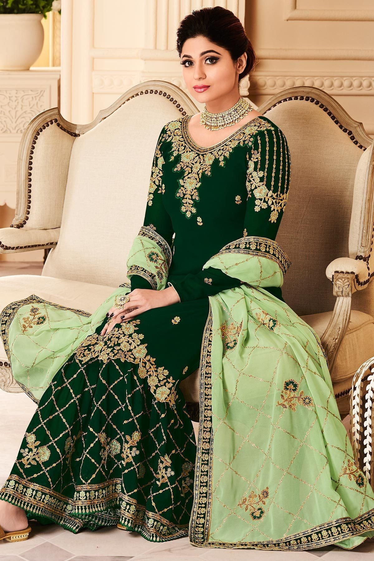 Pine Green and Mint Green Georgette Sharara Suit