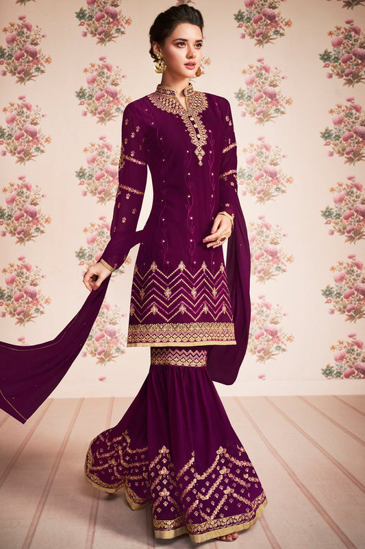 All Purple Georgette Sharara Suit and Dupatta