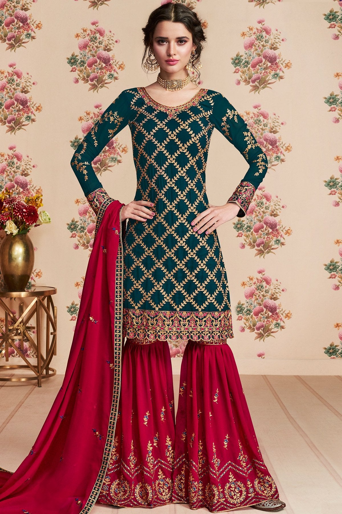 Peacock Blue and Maroon Designer Gharara Suit