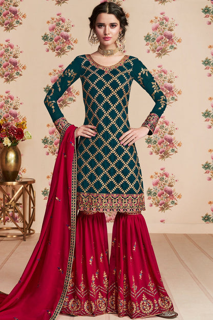 Peacock Blue and Maroon Designer Gharara Suit