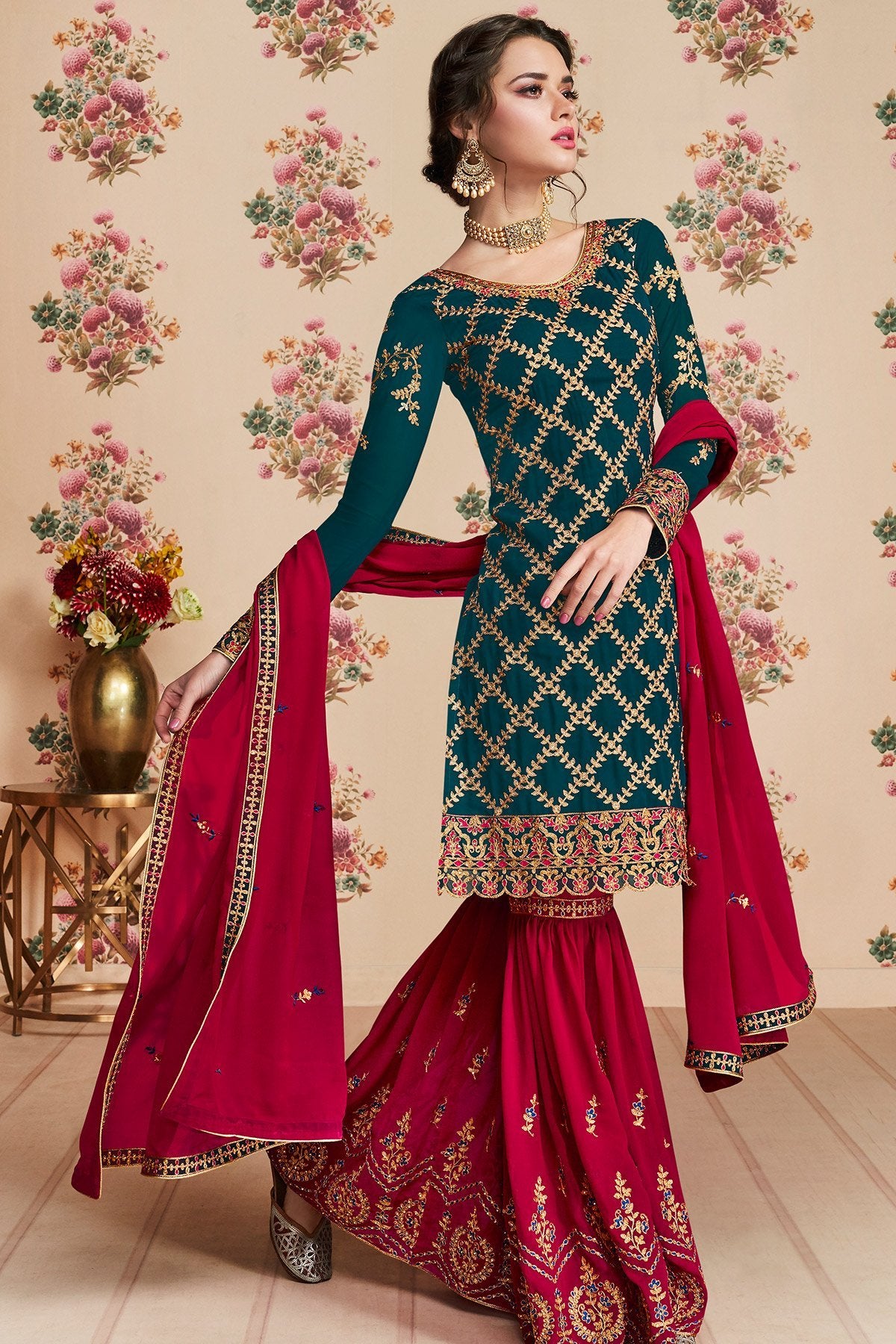 Peacock Blue and Maroon Designer Gharara Suit